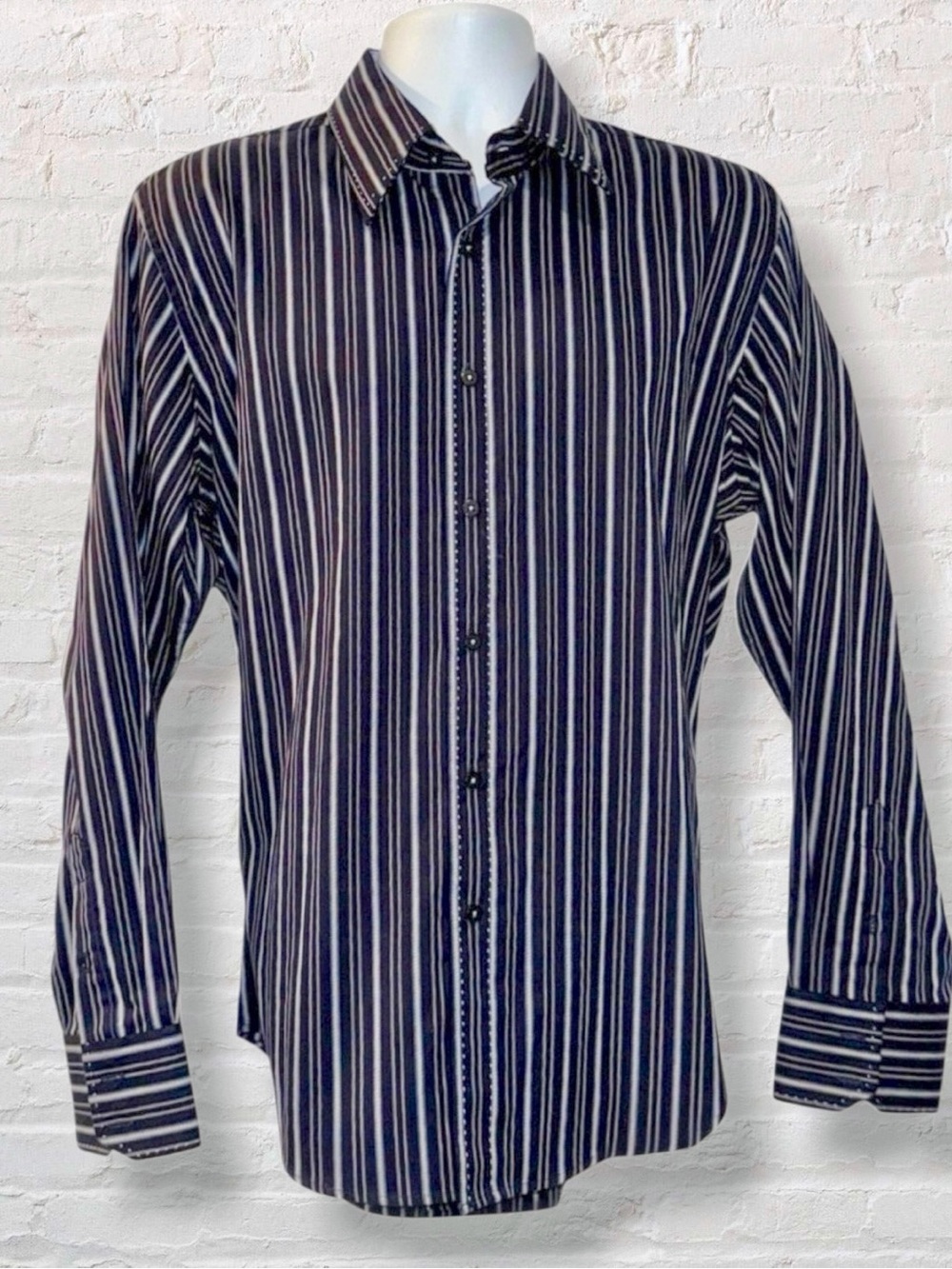 7 Diamonds Men’s Long Sleeve Button-Up Shirt Navy & Light Blue Stripe 100%Cotton